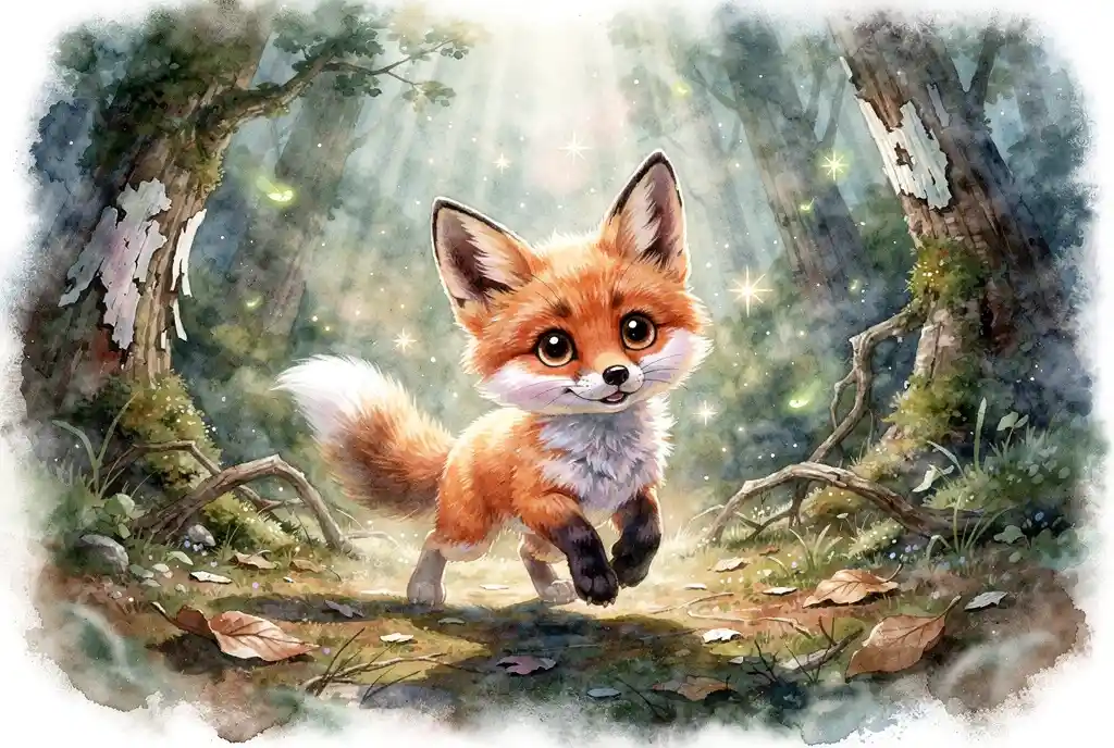Tierno zorro bebé 3D posando en un bosque desgastado estilo acuarela