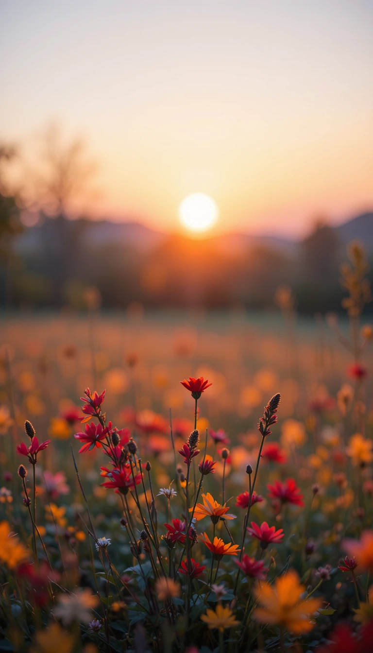 Campo de outono com bokeh suave e flores vermelhas ao nascer do sol