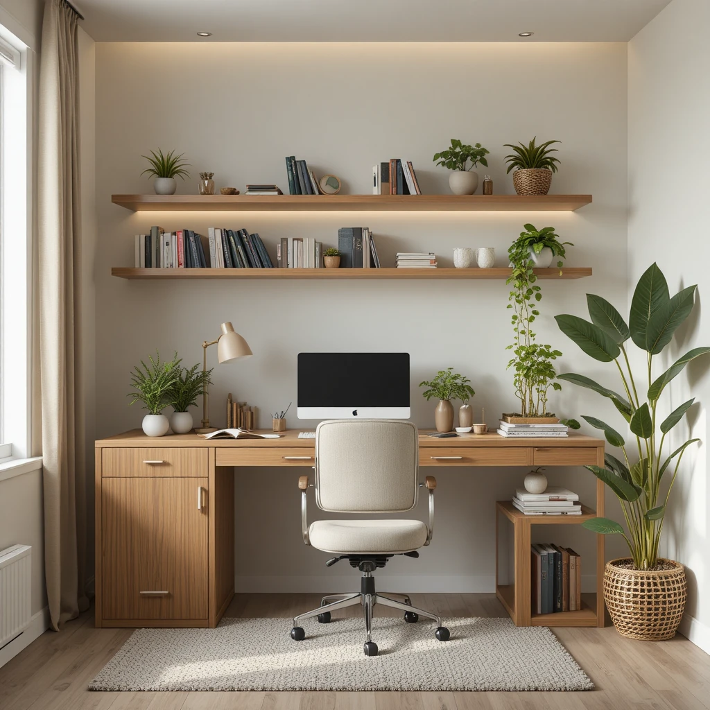 Espacio de trabajo minimalista y ecológico con plantas y luz suave