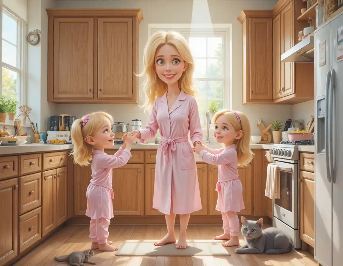 Mom helping two little girls cook in a bright kitchen