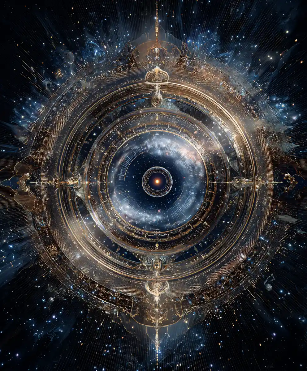 Cosmic ai entity emerging through a swirling starlit gateway
