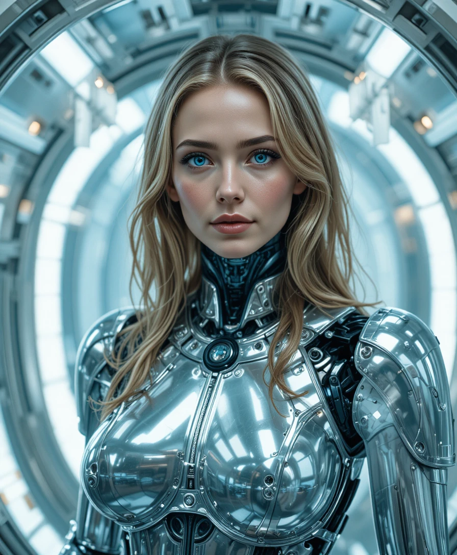 Mulher ciborgue sorrindo dentro de uma cápsula sci-fi cromada