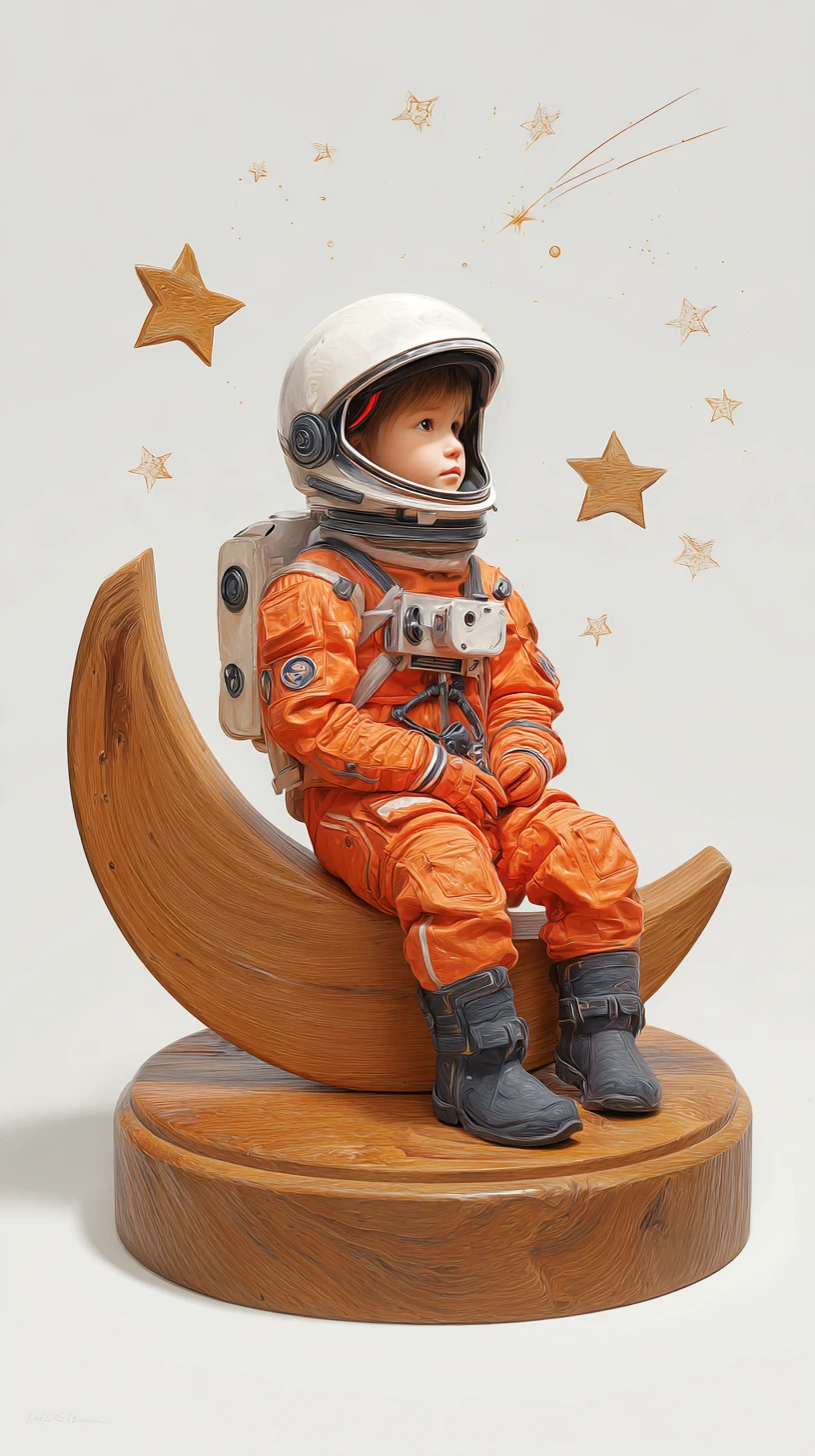 Bebê astronauta em lua de madeira no espaço branco brilhante
