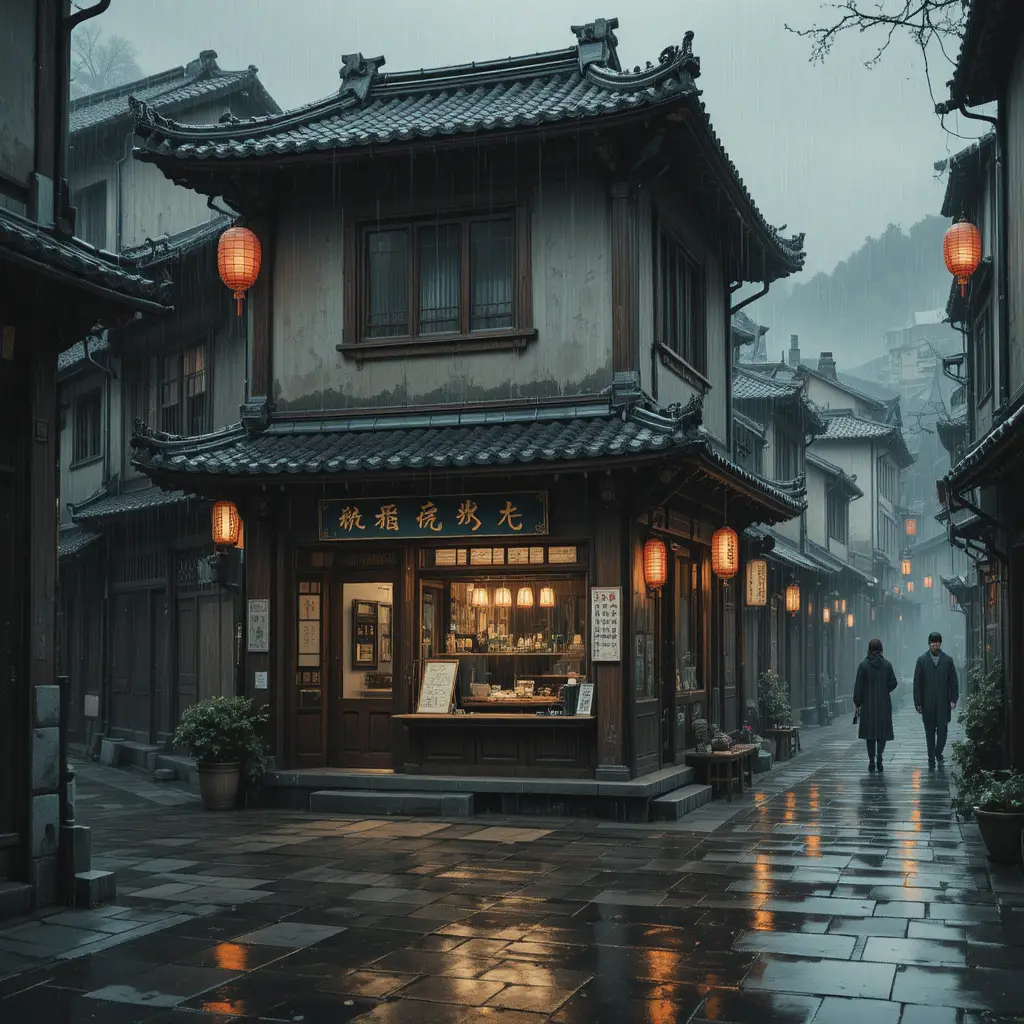 靜謐城市街角的雨夜中式麵館