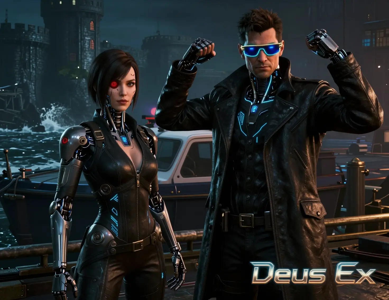 Augmented woman in black suit on a neon lit coast
