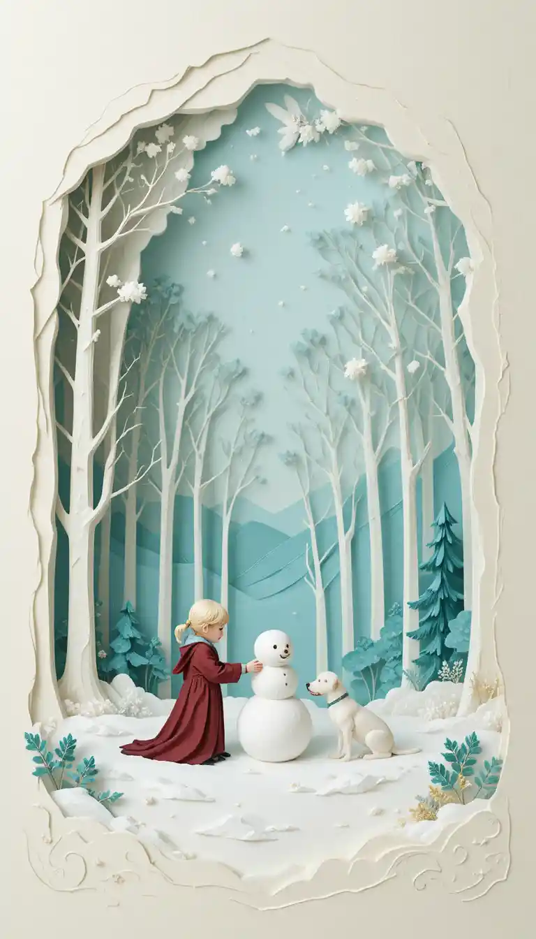 Child And Dog In Tranquil Winter Paper Forest Scene