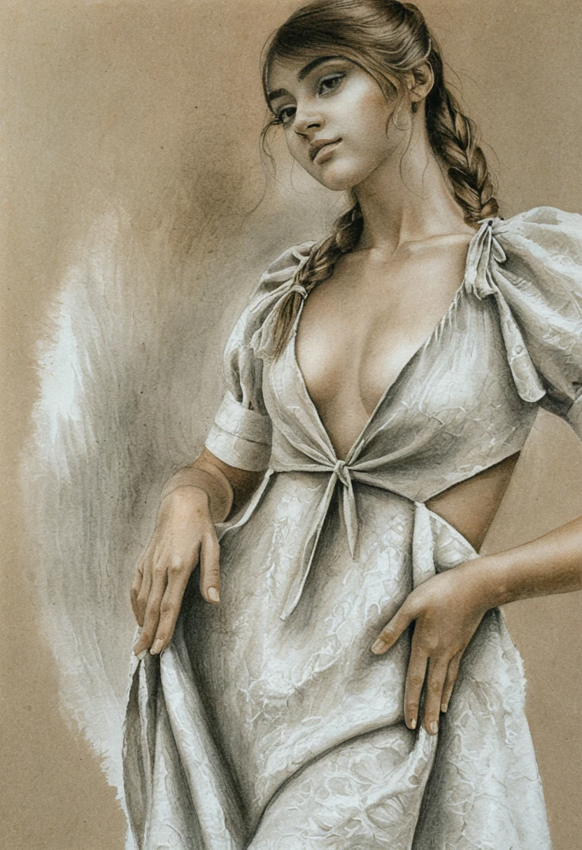 Ritratto a carboncino di una giovane donna con capelli ondulati