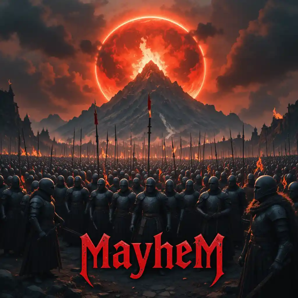 Knights battling an undead army beneath a burning mountain