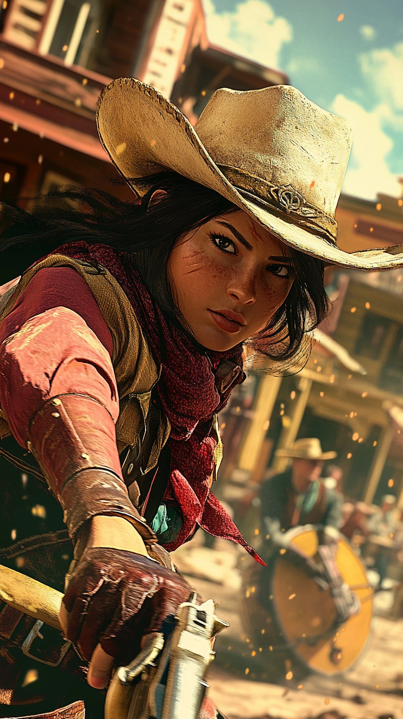 Anime cowgirl close up in a rustic western town