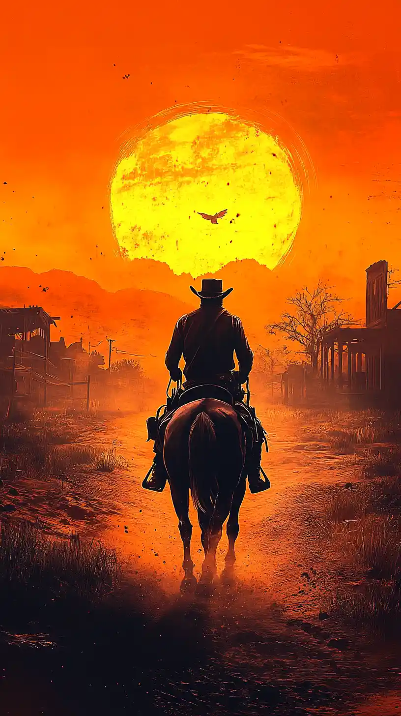 Cowboy solitário cavalgando em direção a uma pequena cidade ao pôr do sol