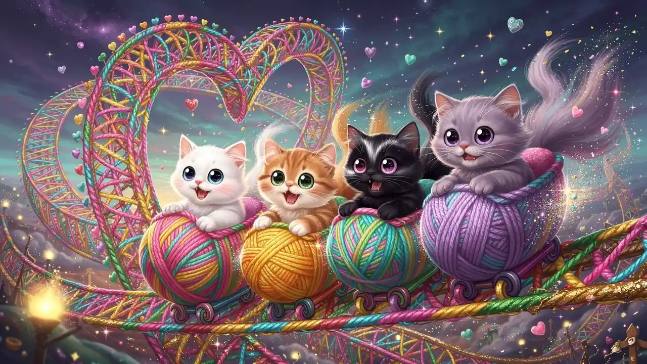 Cuatro gatitos esponjosos en una montaña rusa de hilo brillante