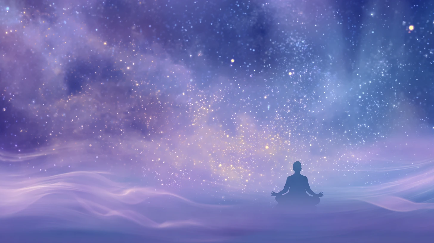 Silueta Meditando Bajo un Cielo Nocturno Estrellado y Pacífico