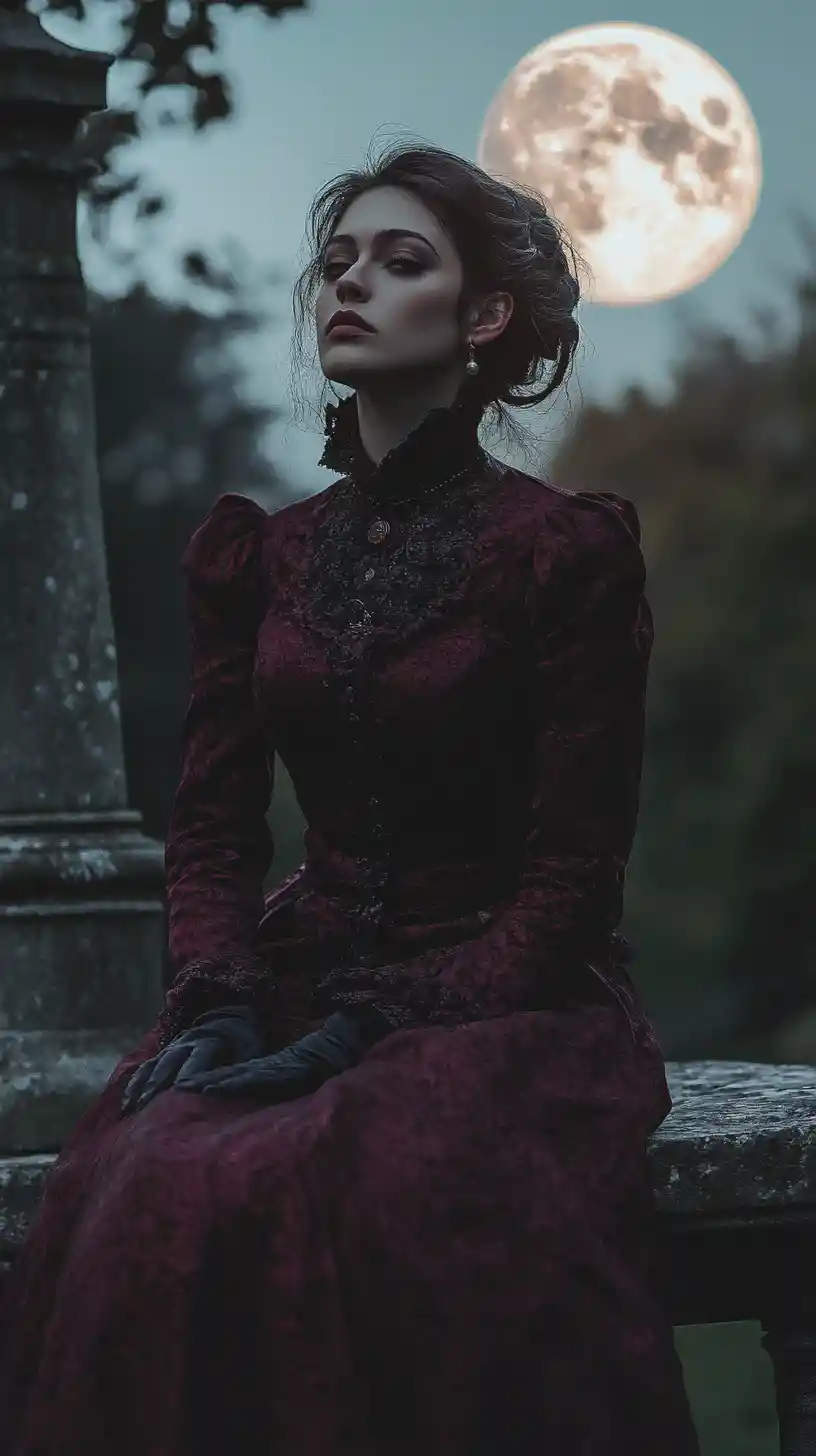 Woman in dark red dress under a full moon