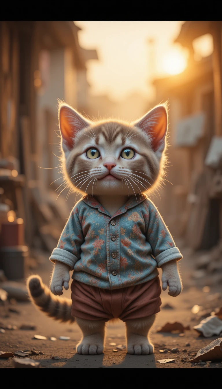 Gatinho faminto roubando comida em uma rua triste na Índia