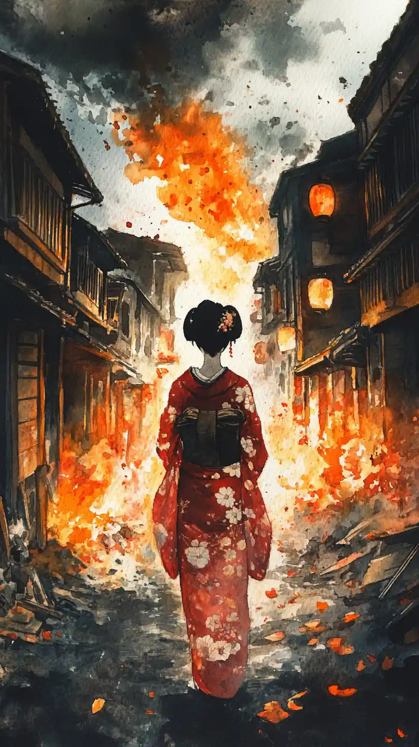 紅色和服藝伎凝視燃燒中的江戶街道