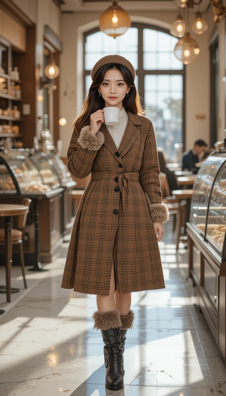 ラテを片手に日差しの差し込むカフェを歩くスタイリッシュな女性