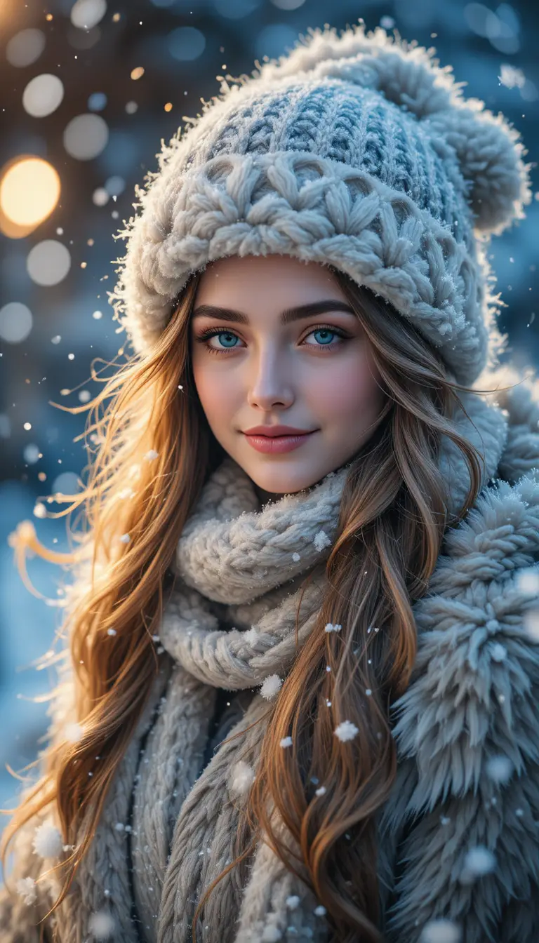 Femme souriante en fourrure par une nuit d’hiver lumineuse