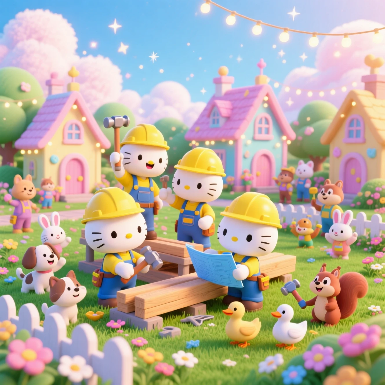 Adorables chatons bâtisseurs construisant une ville fantaisie pastel