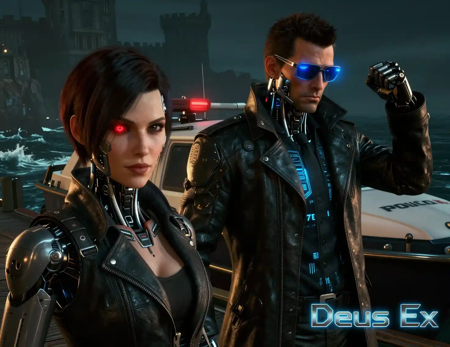 Augmented woman and cyborg detective on a neon coast