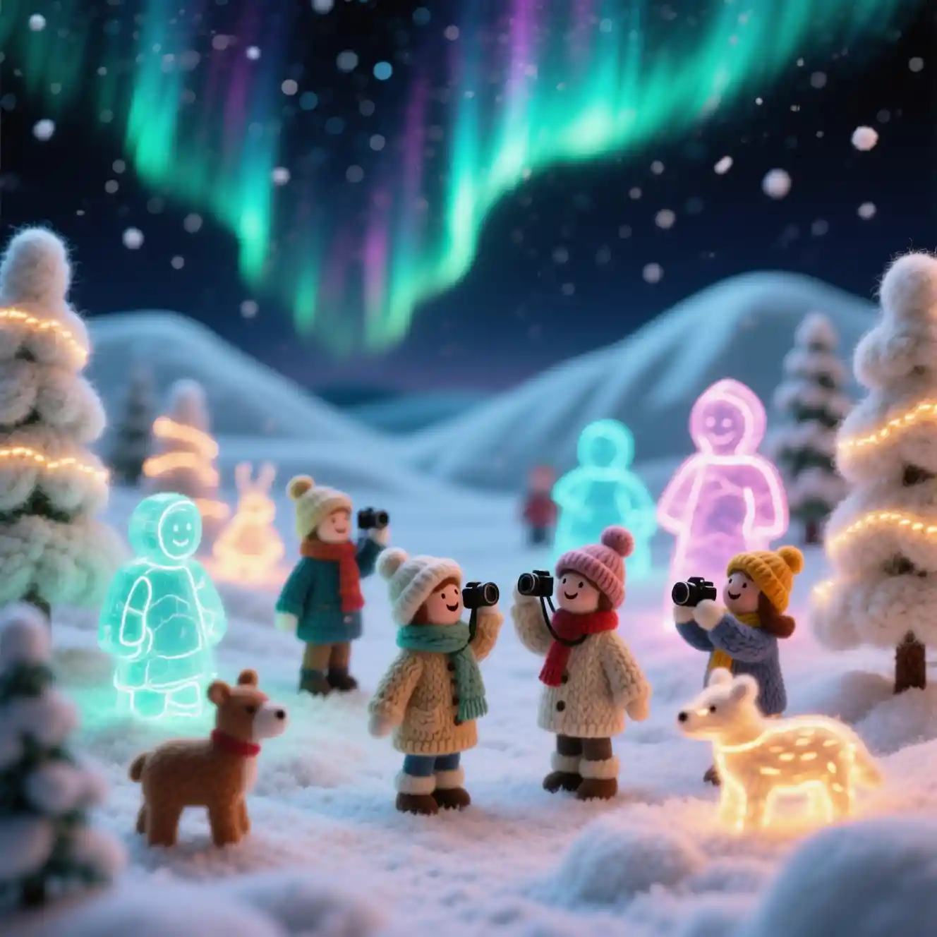 Handcrafted woolen winter diorama with glowing figures