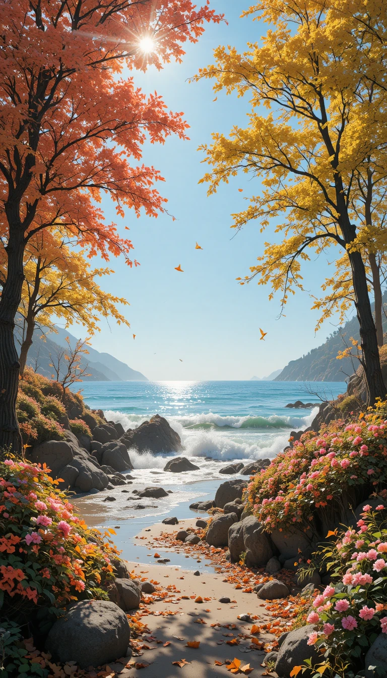 Autumn seashore blended with blooming springtime coast
