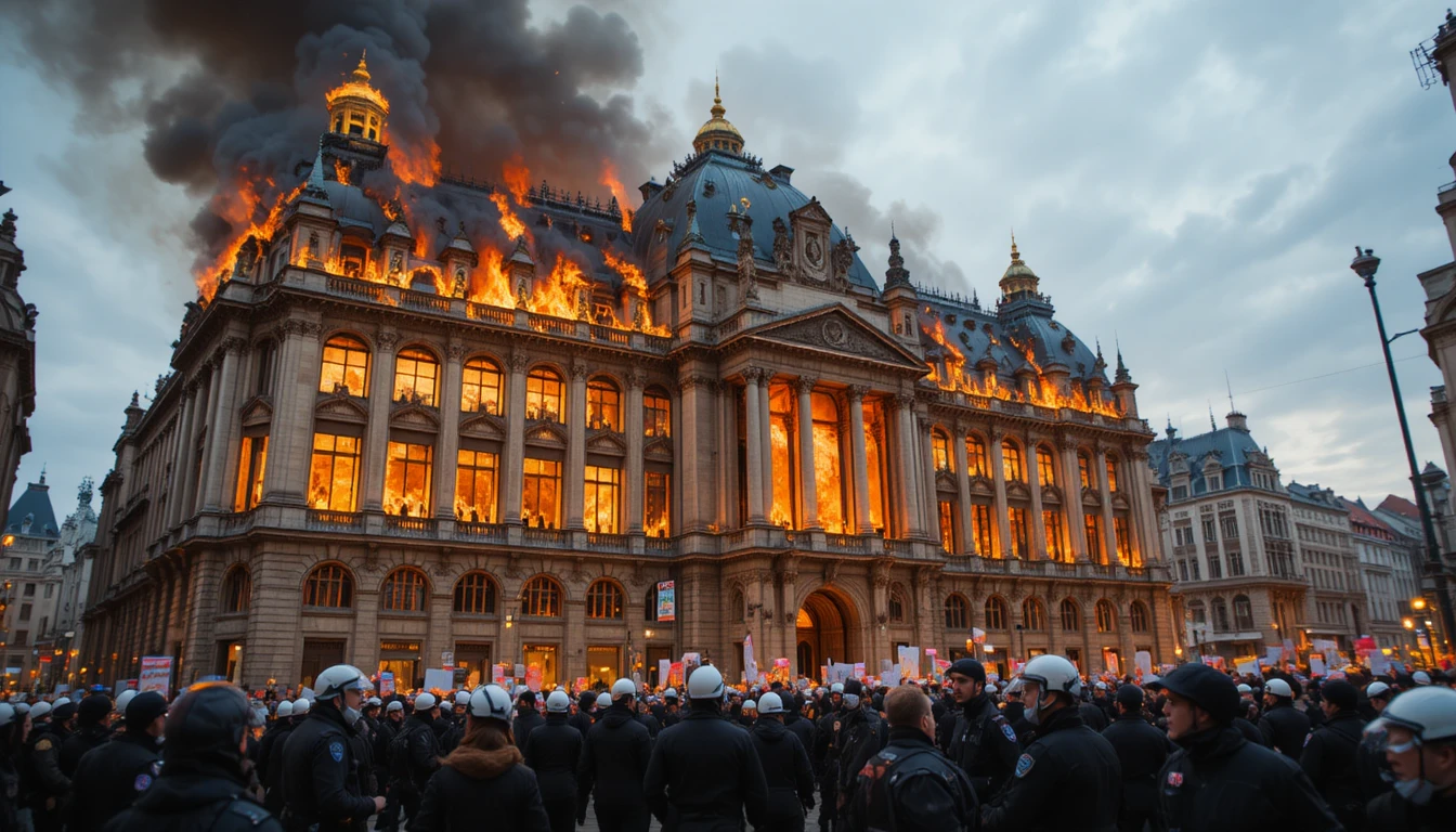 Edificio del Parlamento Europeo envuelto en un caótico incendio urbano