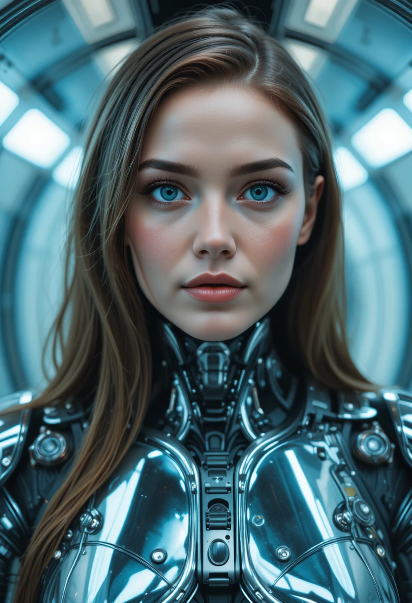 Serene female cyborg in a chrome capsule laboratory