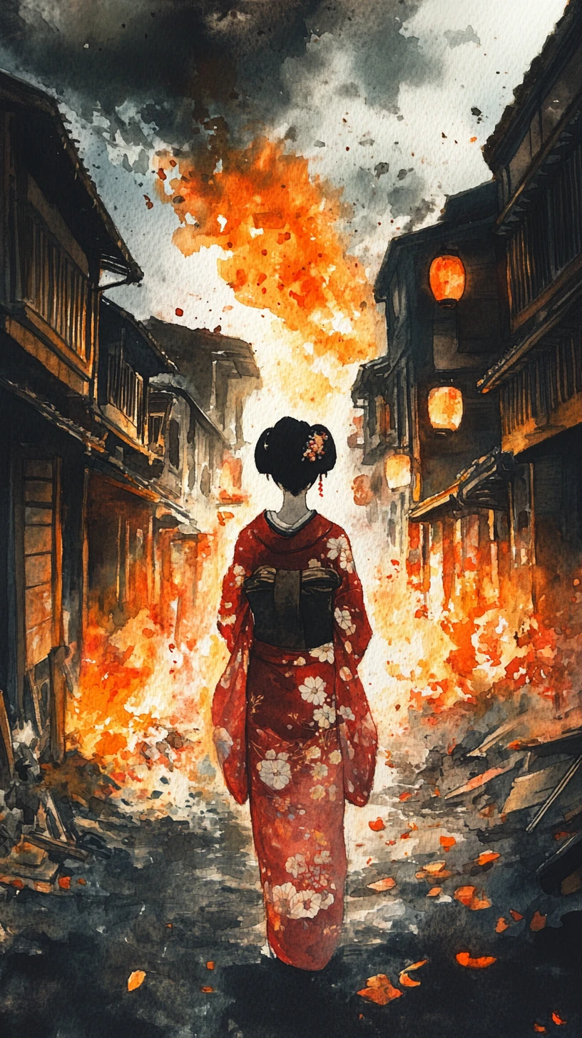 Geisha In Red Kimono Watching A Burning Edo Street