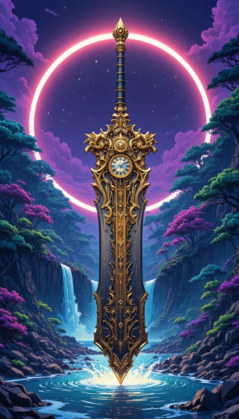 Close-up de uma espada destruidora mecânica ornamentada em estilo anime