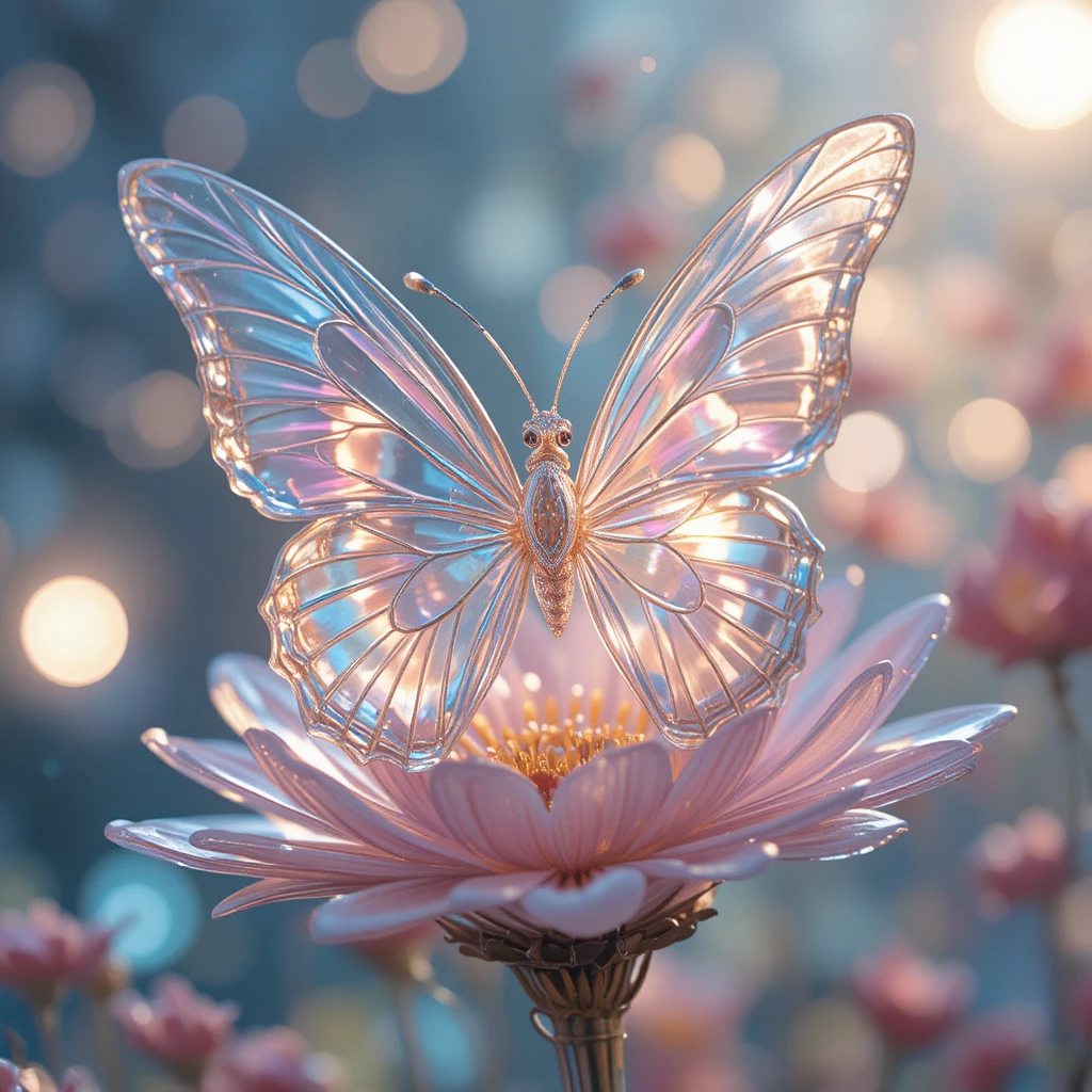 Borboleta de vidro descansando em uma flor de cristal à luz suave
