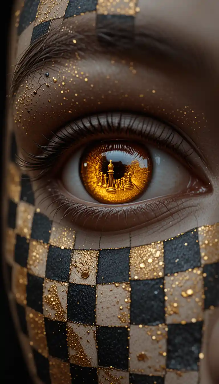 Close extremo de um olho humano com reflexo de xadrez dourado