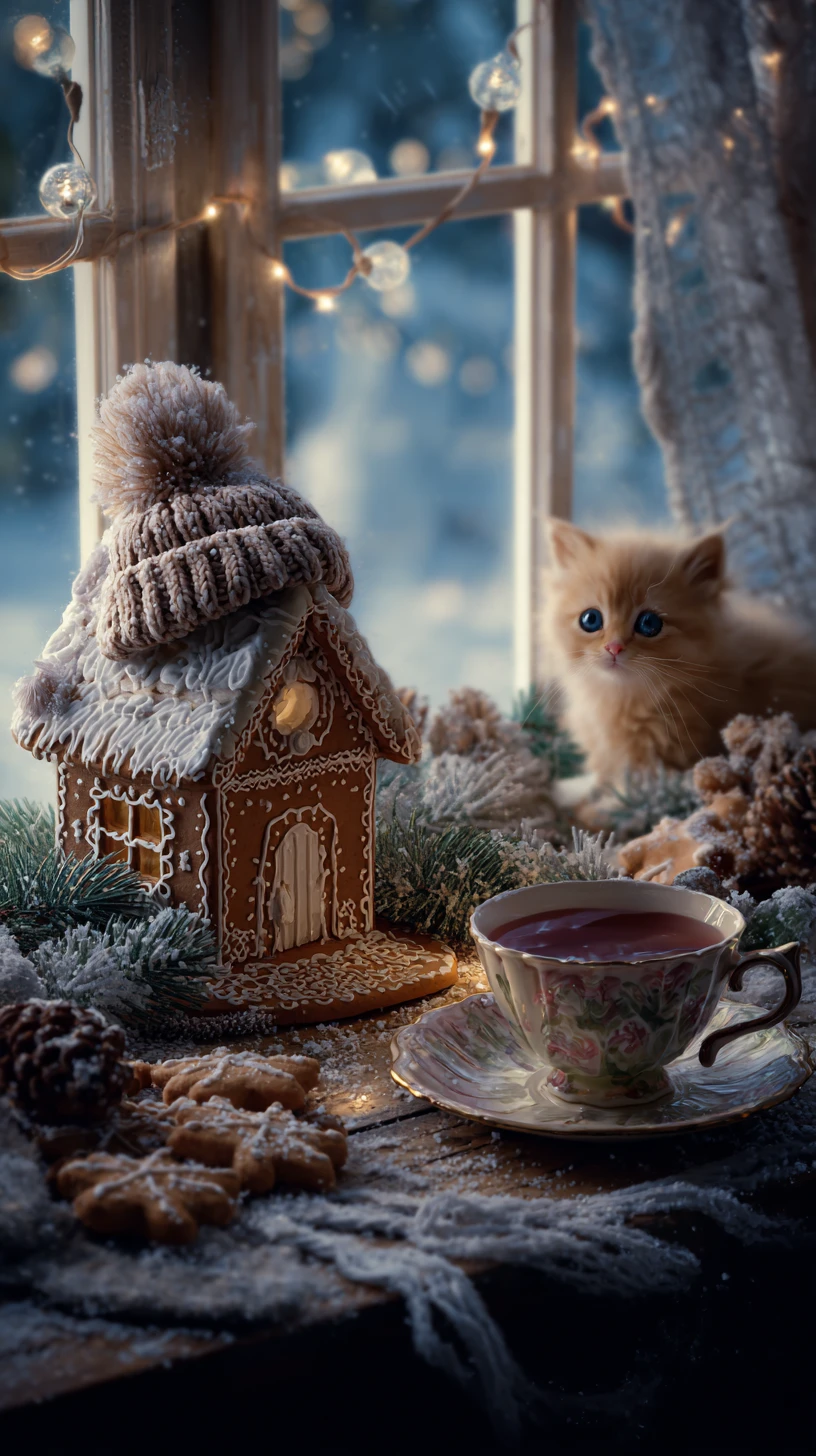 Chaton douillet près d’une maison en pain d’épices par une soirée d’hiver