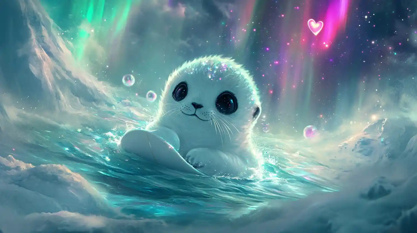 Cute baby harp seals surfing glowing aurora waves