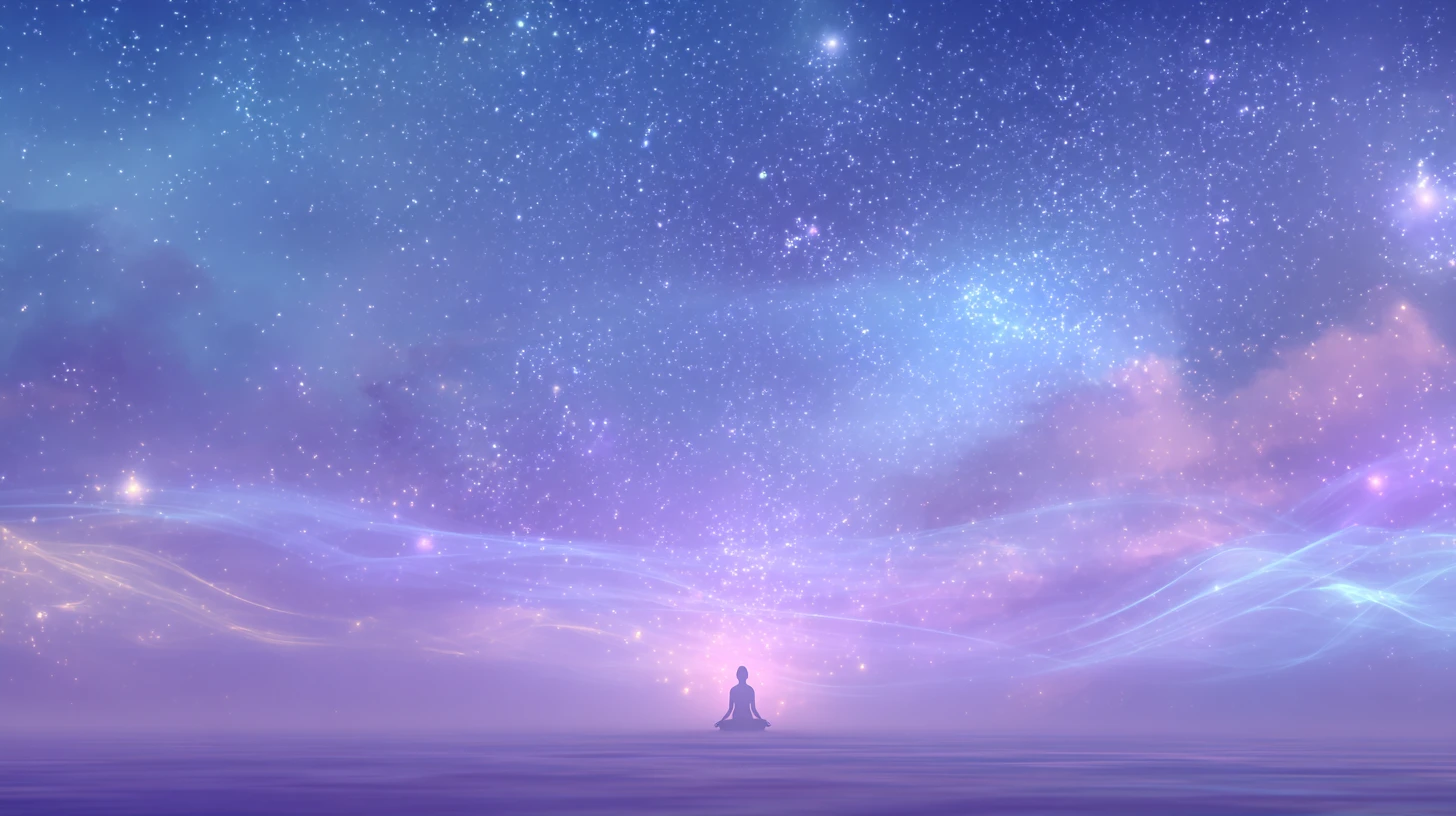 Silueta meditando bajo un cielo nocturno brillante y tranquilo