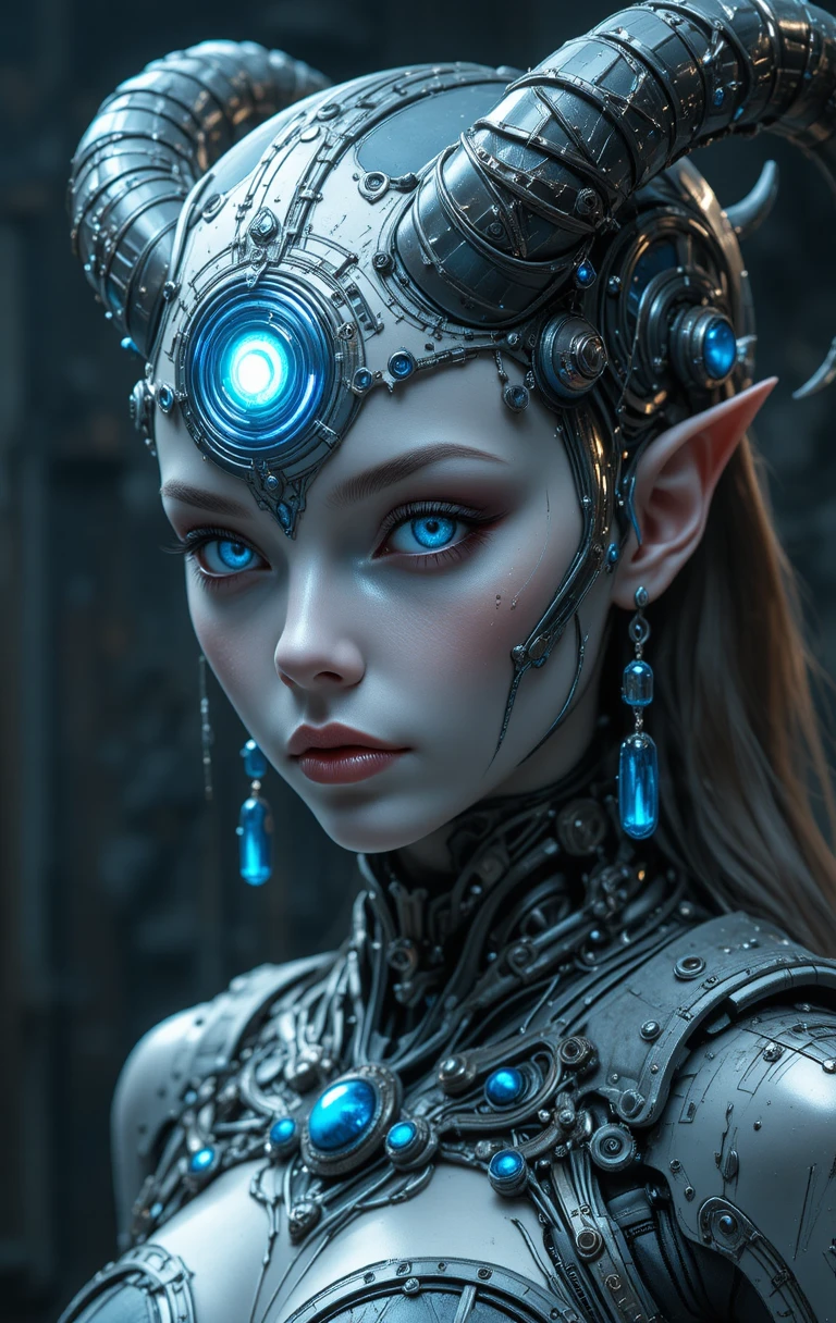 Futuristische Frau mit außerirdischen Zügen und leuchtendem drittem Auge