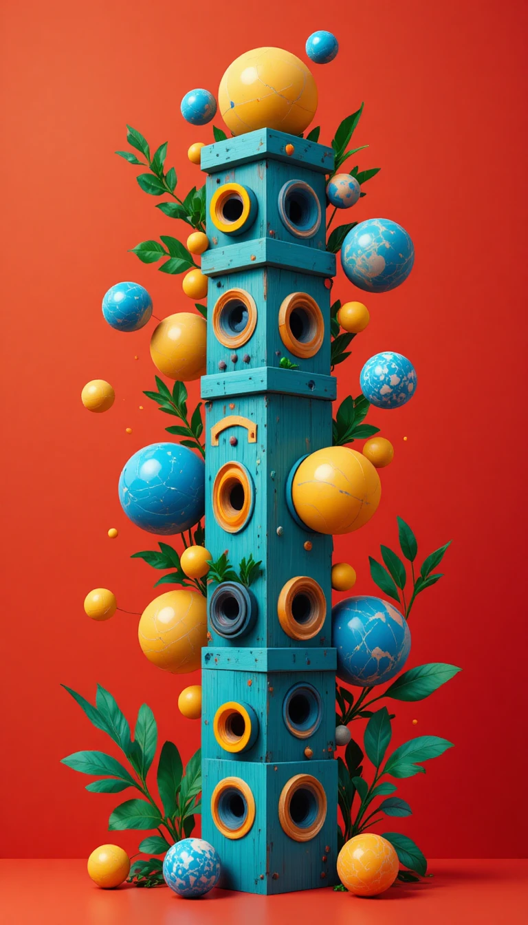 Totem abstrato colorido de formas geométricas em fundo vermelho
