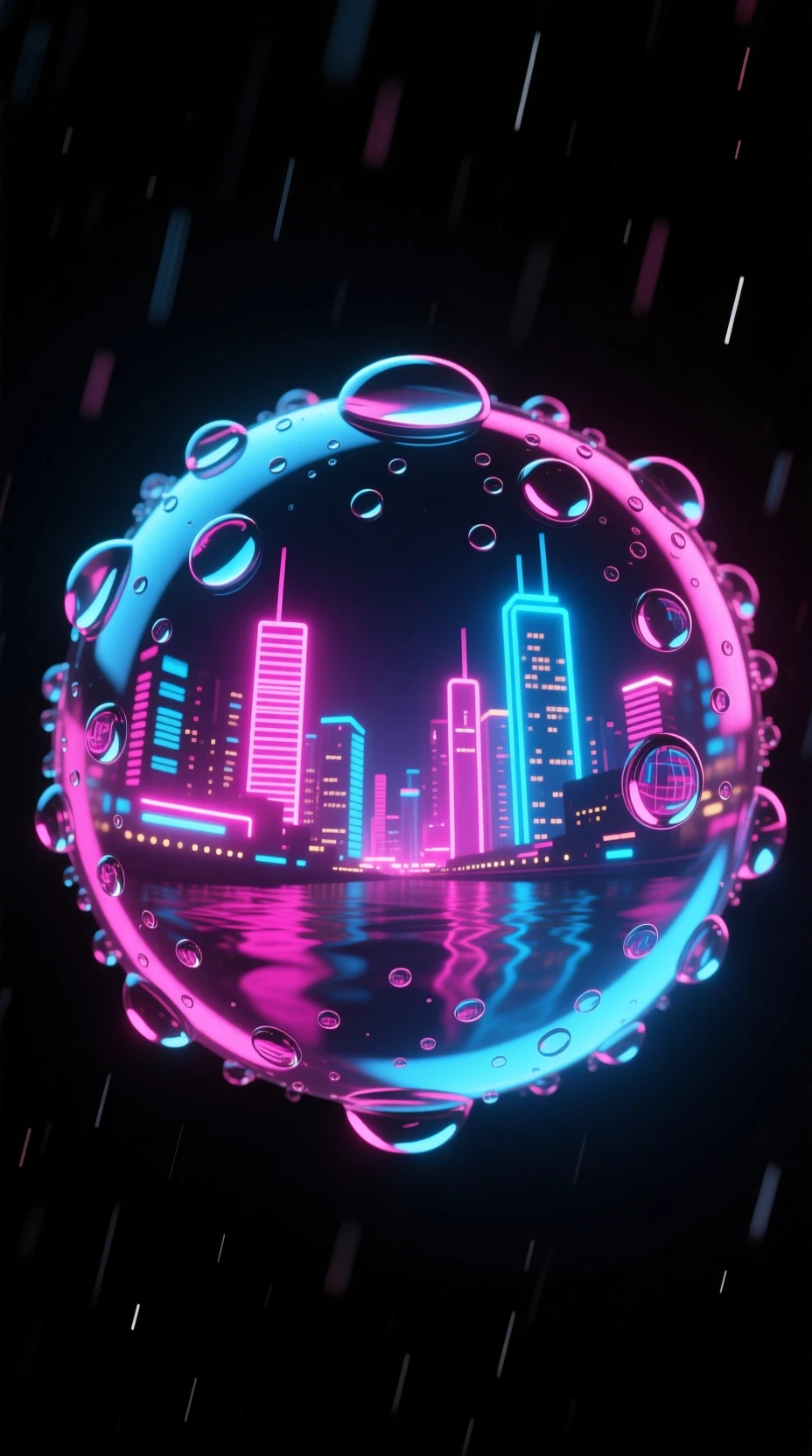 倒映在微距水滴中的霓虹城市燈光