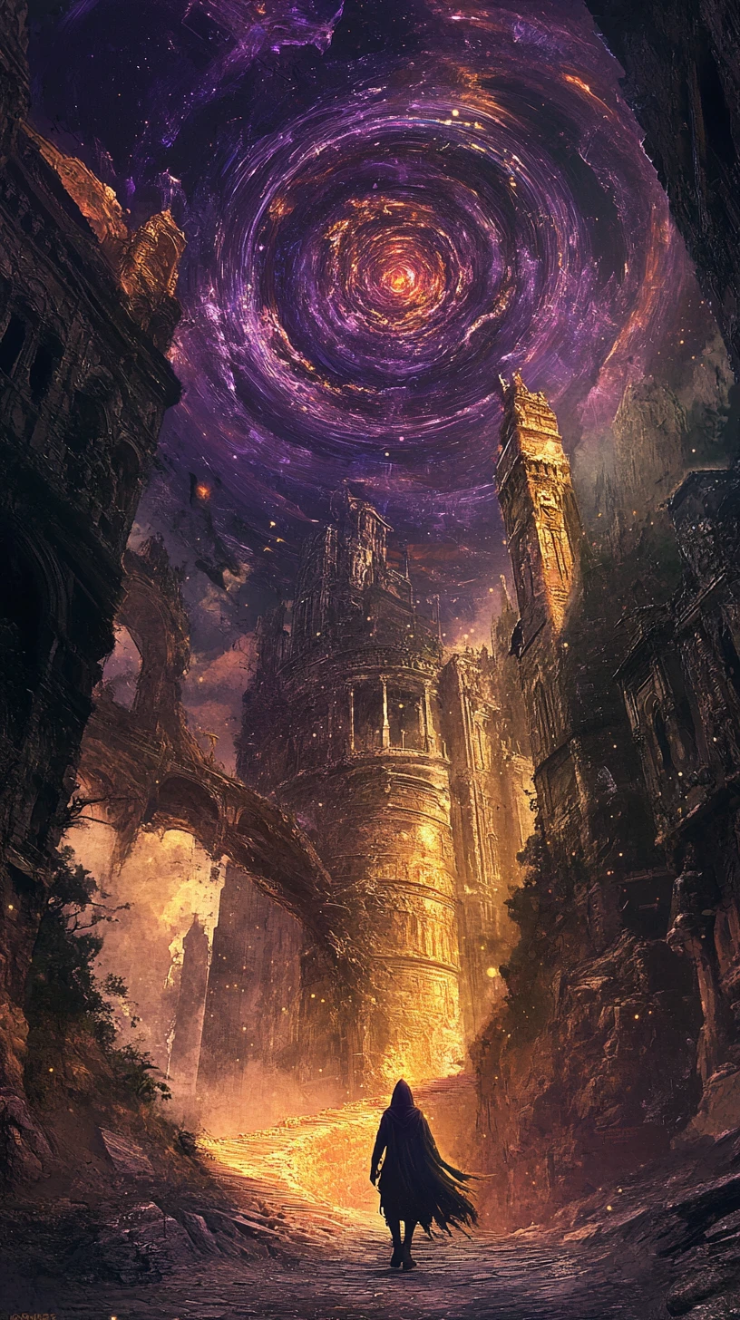 Vagabundo Encapuchado en una Ciudad Fantástica Laberíntica y Surreal