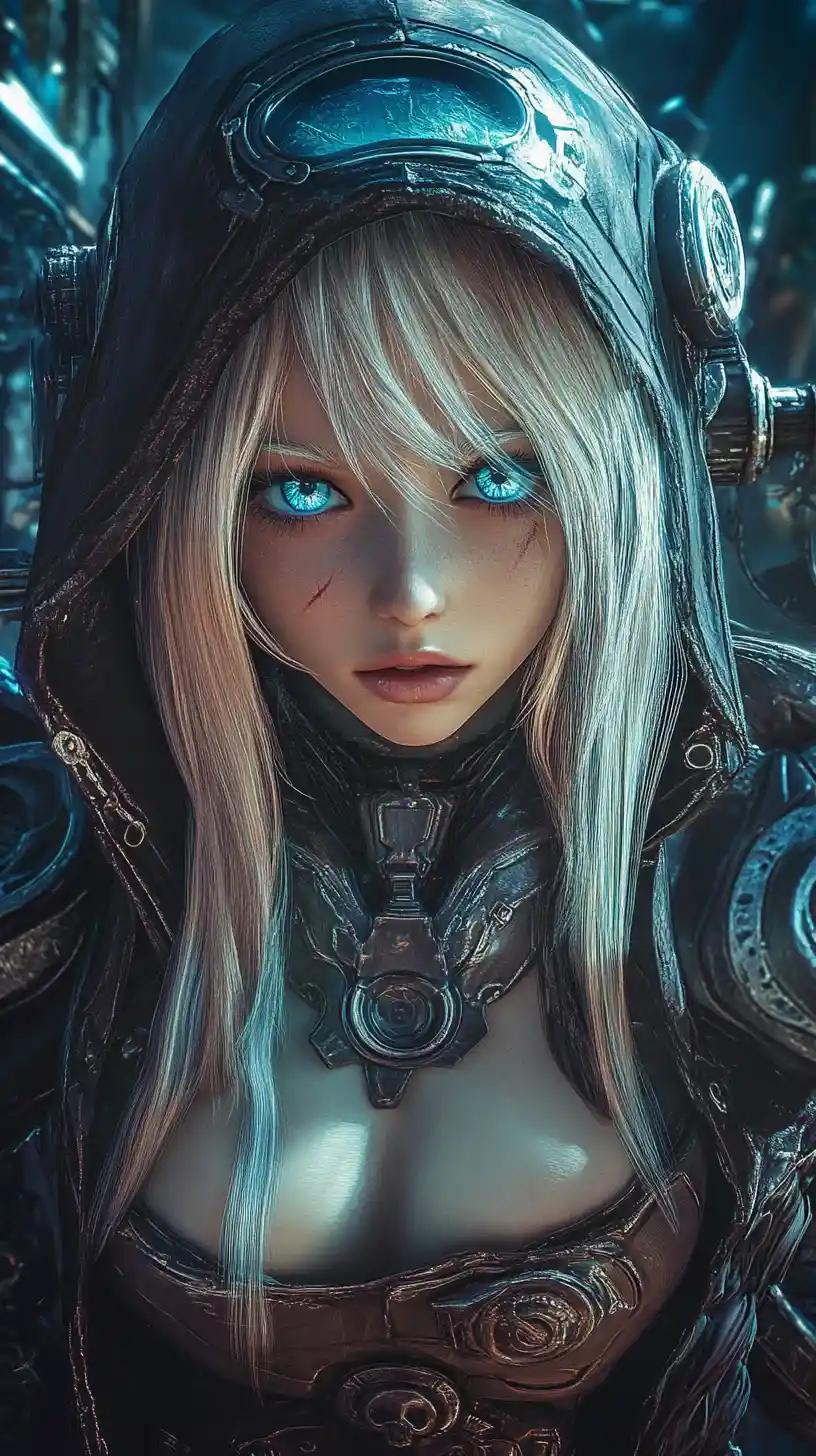 Cybernetic blonde woman in surreal steampunk organic armor
