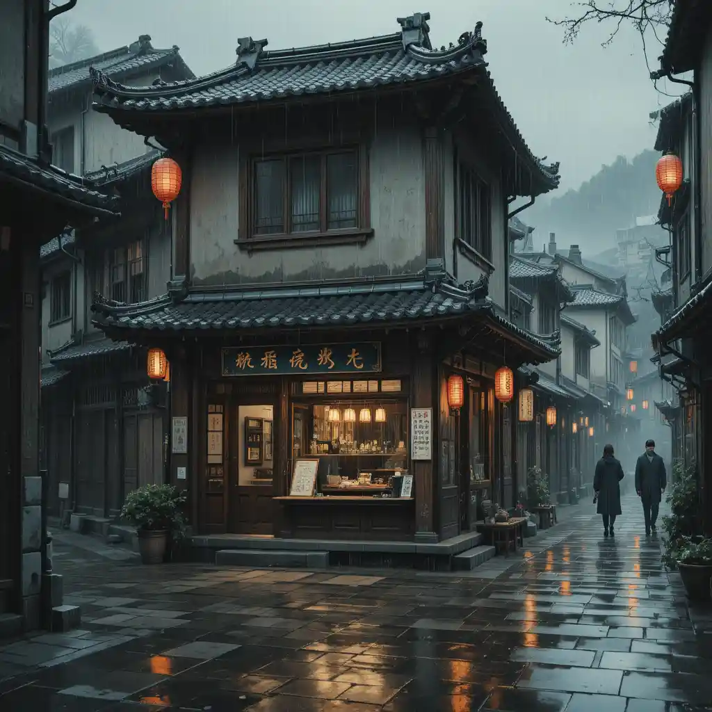靜謐城市街角的雨夜中式麵館