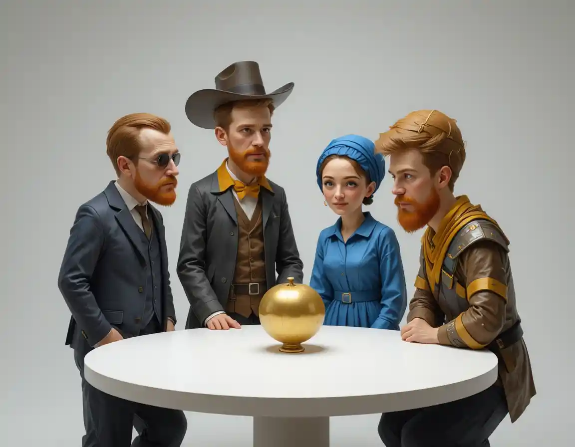 Quattro personaggi low poly fissano un singolo lingotto d’oro