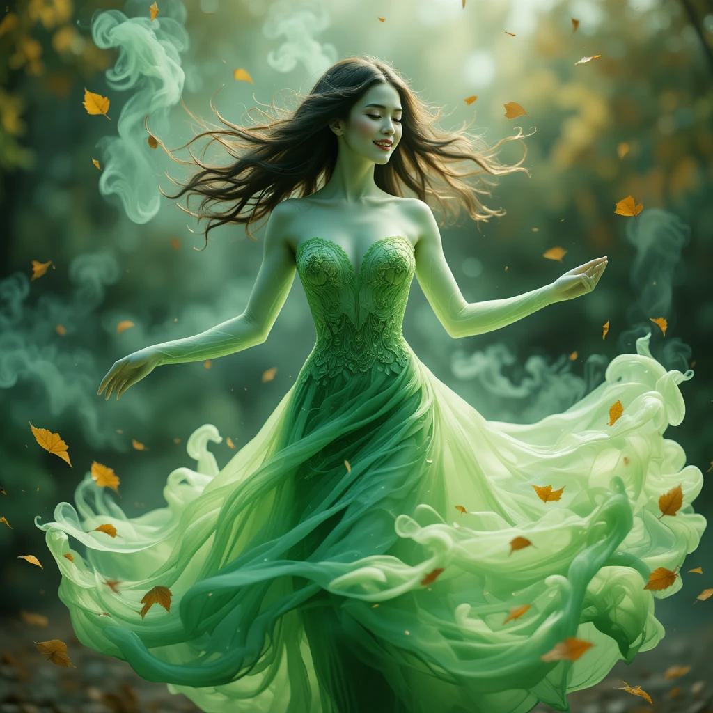 Dancing woman of swirling green smoke with autumn leaves