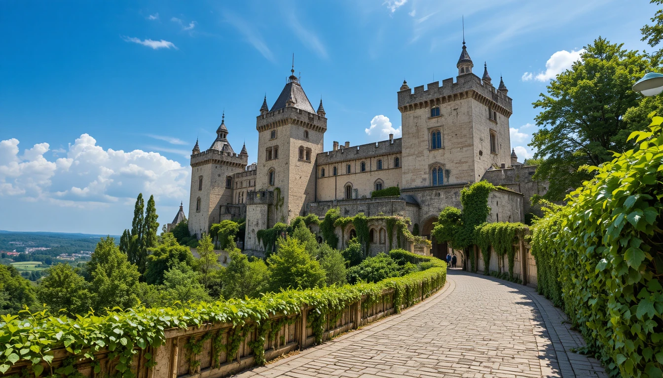 Majestuoso castillo de piedra que se alza bajo un cielo azul claro
