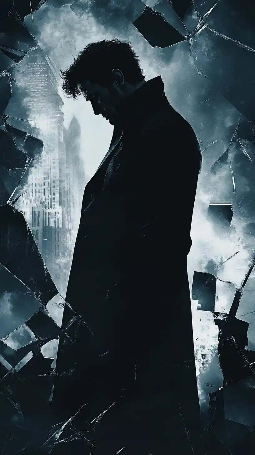 Solitary man in shadow against broken glass city backdrop
