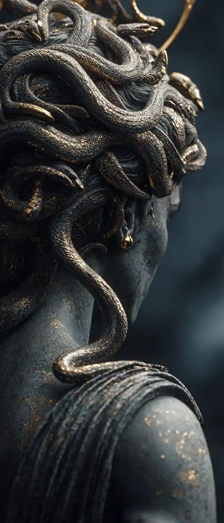 Primer plano de las serpientes de Medusa con guerrero griego petrificado