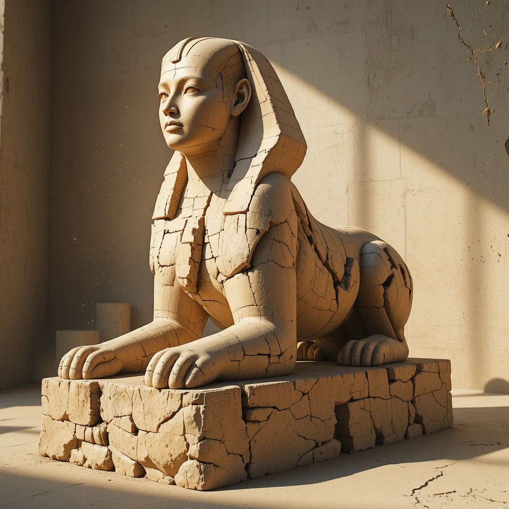 Escultura de esfinge antigua a la luz del sol en una galería minimalista