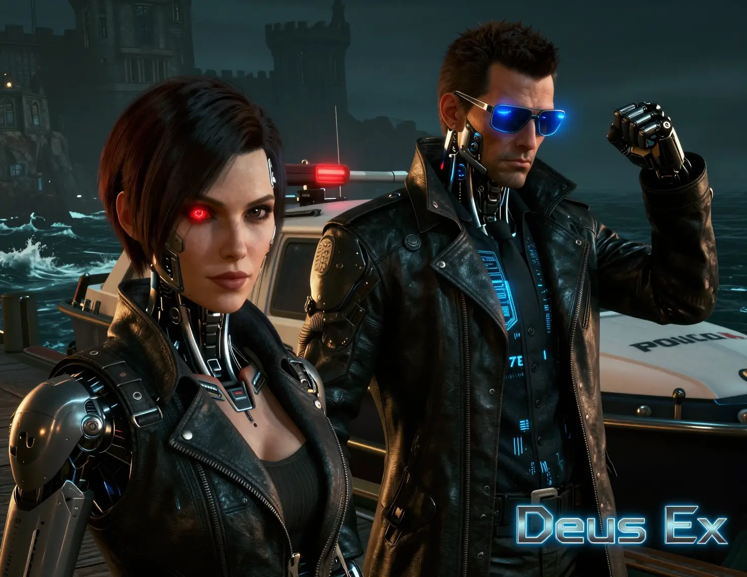 Augmented woman and cyborg detective on a neon coast