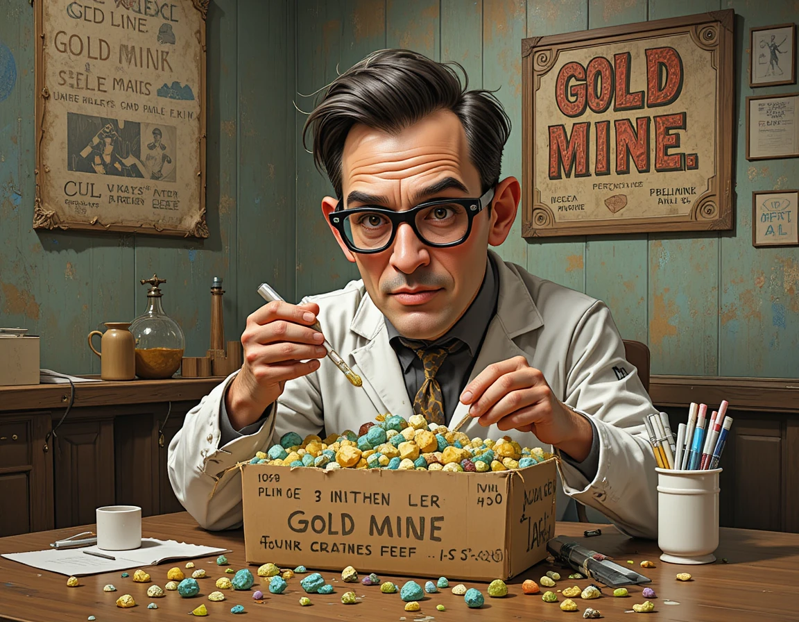 Retro digital scientist sorting gemstones at a lab table