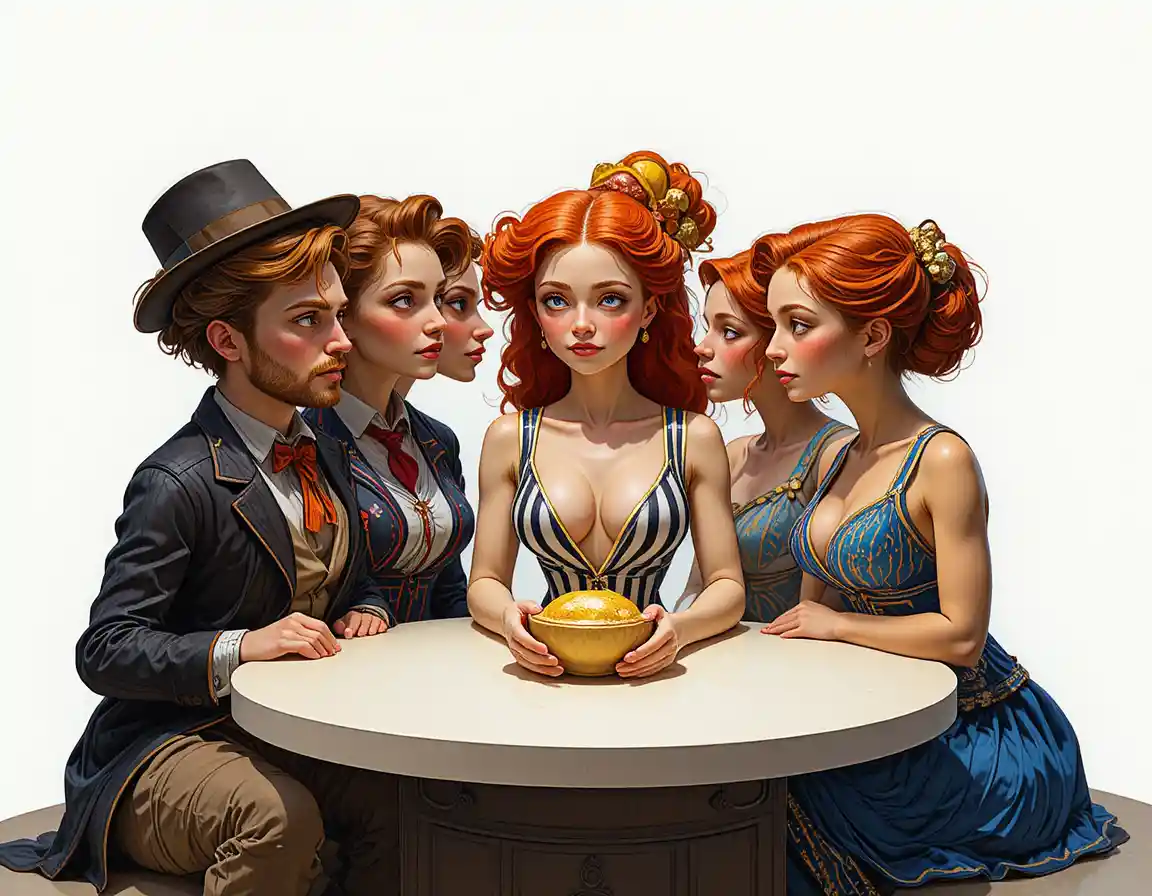 Low poly group staring at a single gold bar