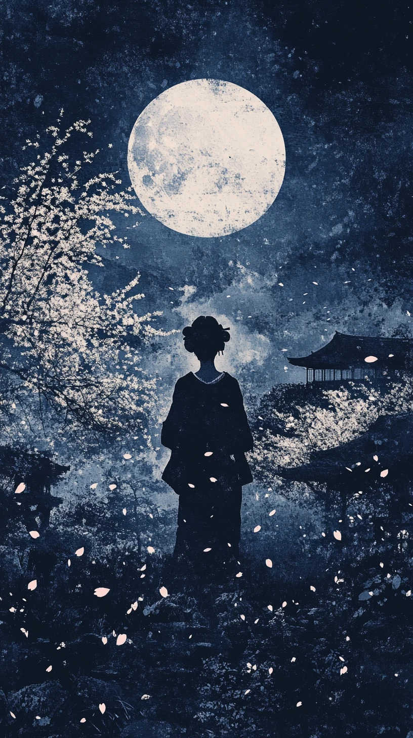 Geisha In Moonlit Japanese Garden With Falling Blossoms